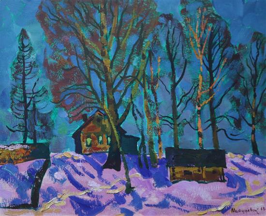 Yuri Matushevski (Russian, 1930-1999) Farmhouse and trees in a landscape 38 x 46cm